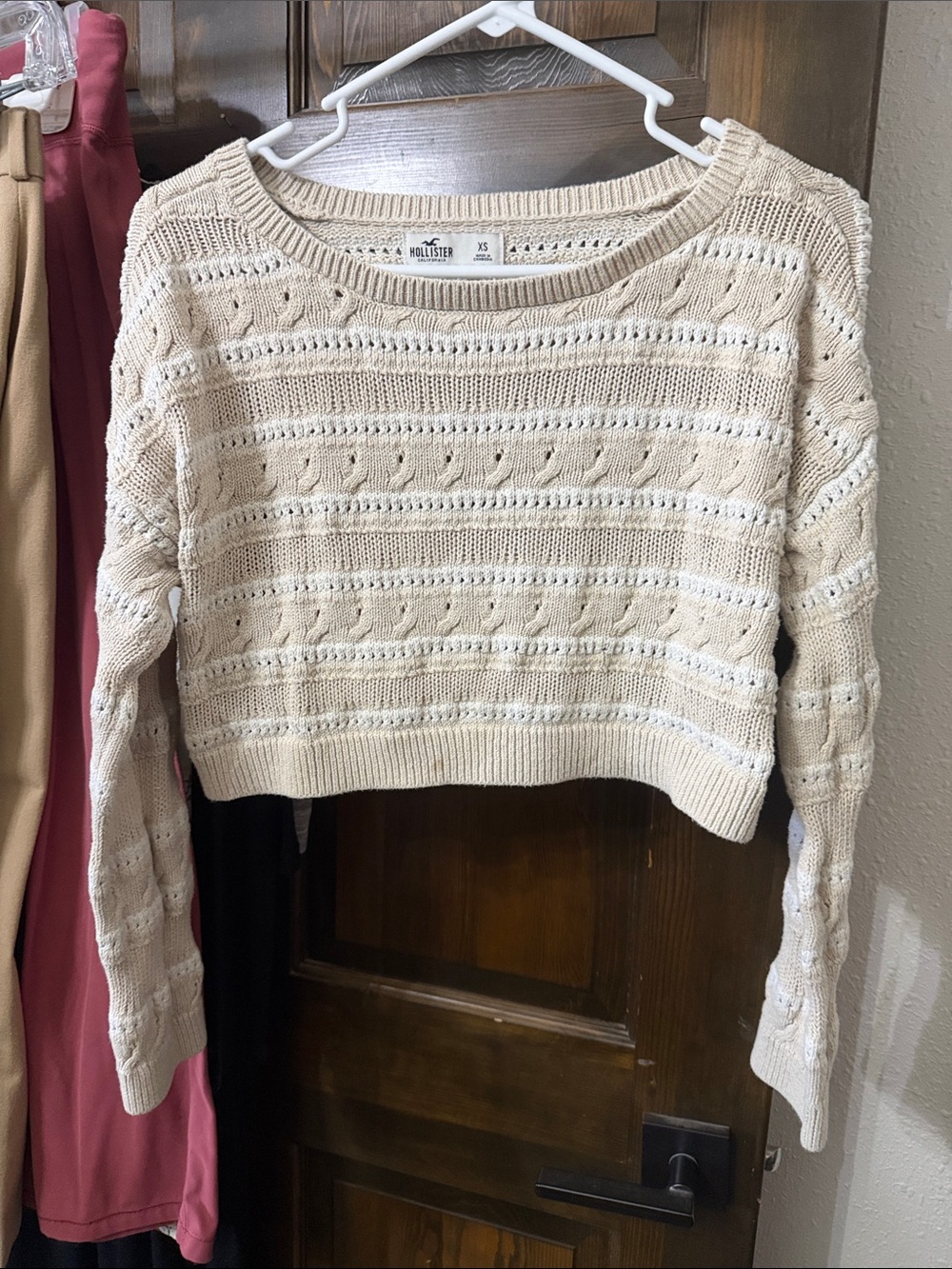 Hollister Cream Open-Weave Cropped Crewneck Sweater